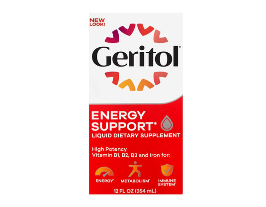 Geritol liquid dosage cup showing easy one tablespoon daily serving.