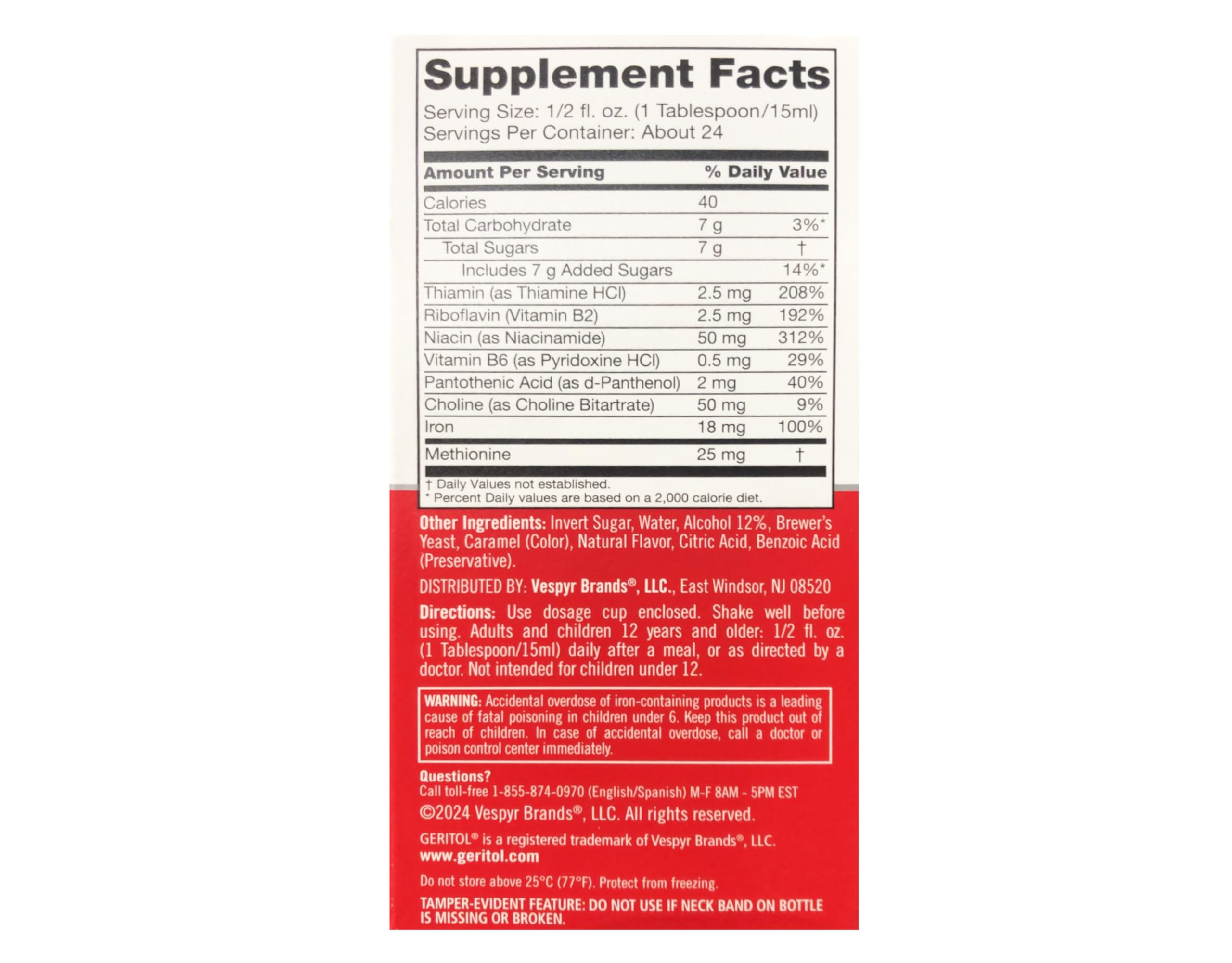 Geritol liquid iron daily value label emphasizes 100% DV.