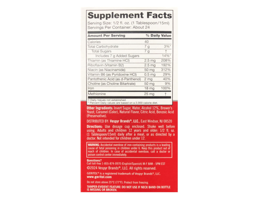Geritol liquid iron daily value label emphasizes 100% DV.