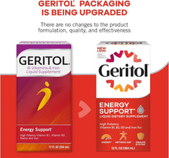 Geritol Liquid nutrition facts panel details iron and vitamin amounts.