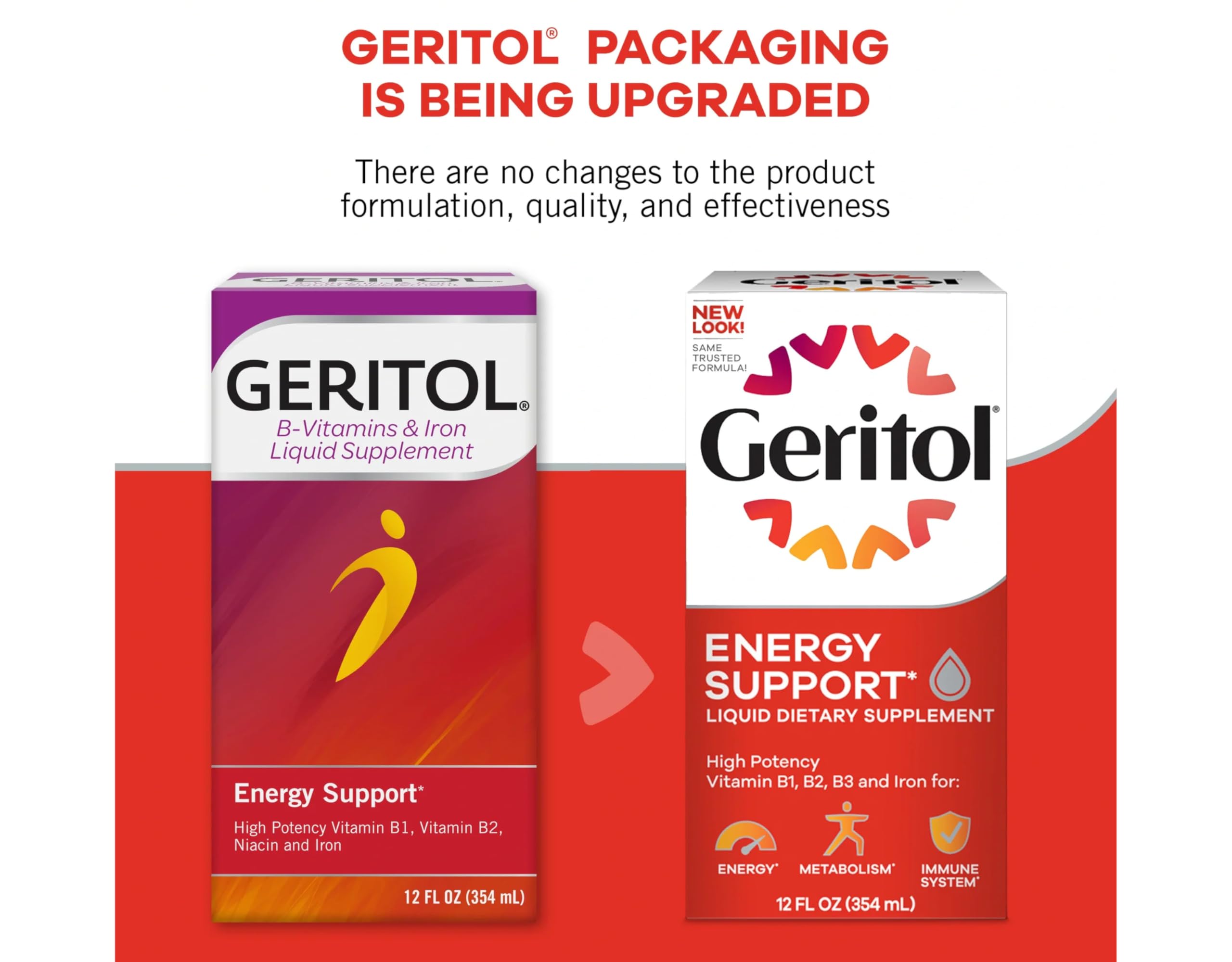 Geritol liquid pack of six image emphasizes value and consistency.