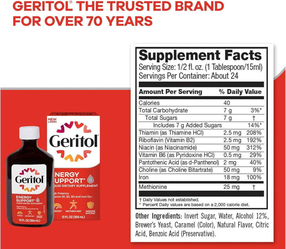 Geritol Liquid pleasant-tasting pour image conveys enjoyable daily use.