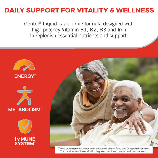 Pouring Geritol liquid into a glass after meals for daily energy.