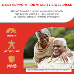 Pouring Geritol liquid into a glass after meals for daily energy.