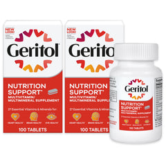 Geritol multivitamin bottle front view highlights 27 nutrients for daily wellness.