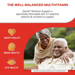 Geritol bottle label close-up shows gluten-free and non-GMO promise for daily use.