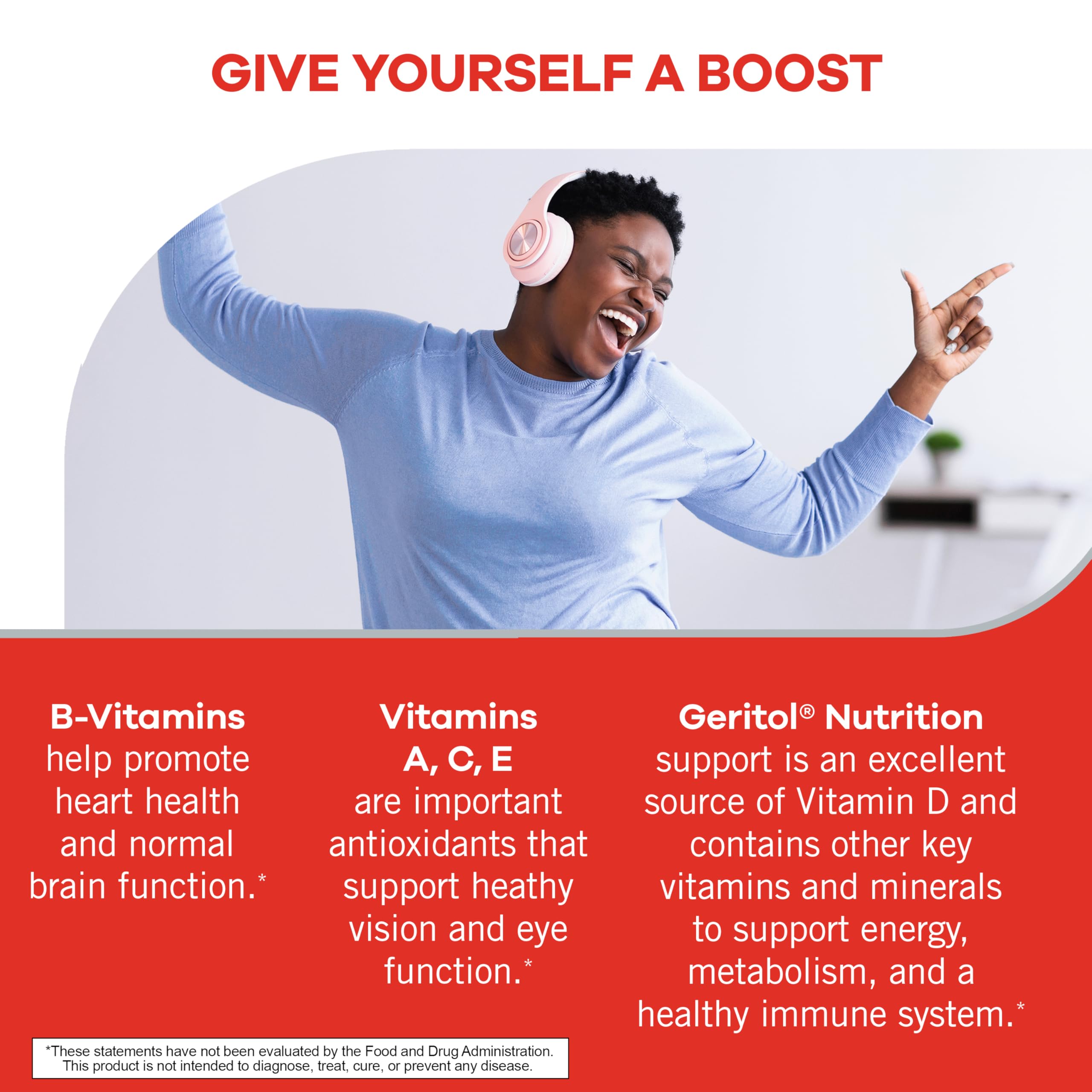 Geritol multivitamin tablets on table close-up for daily energy and immune support.