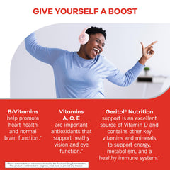 Geritol multivitamin tablets on table close-up for daily energy and immune support.