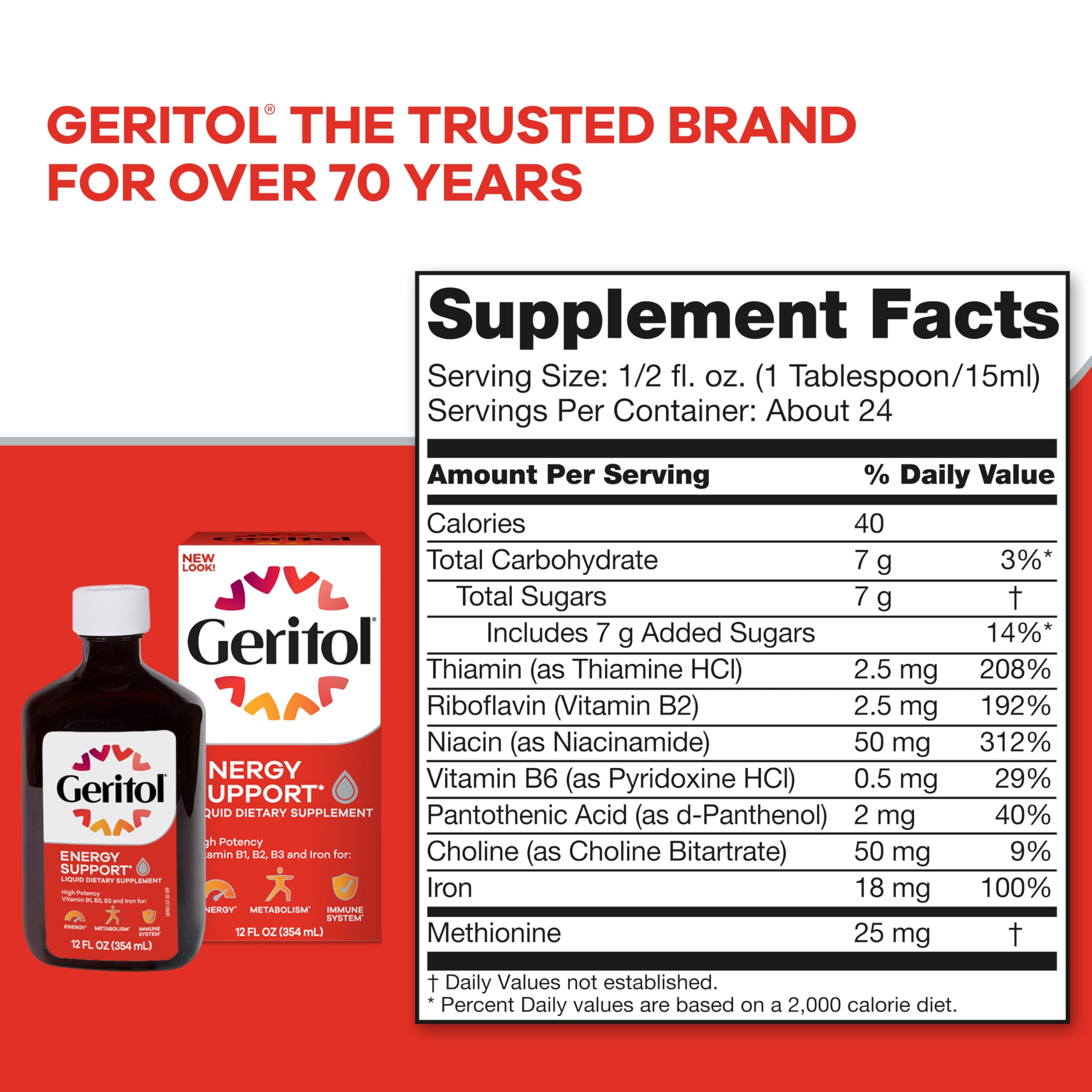 Three-pack Geritol bottles displayed on a kitchen counter.