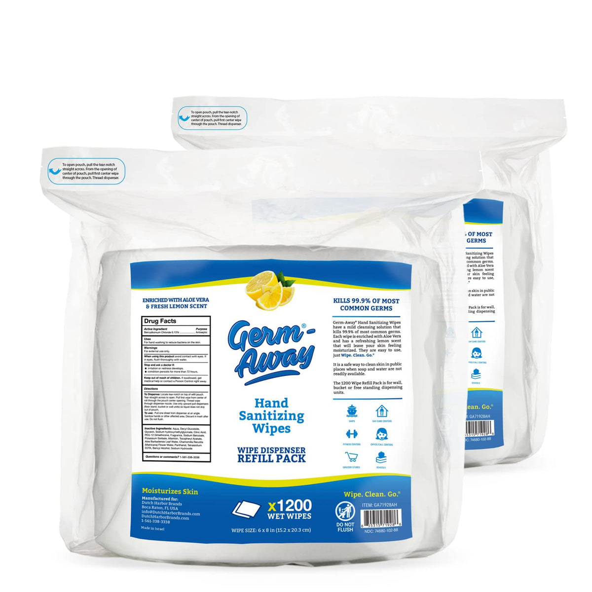 Germ-Away hand wipes in a lemon-dispensing setup for quick hygiene.
