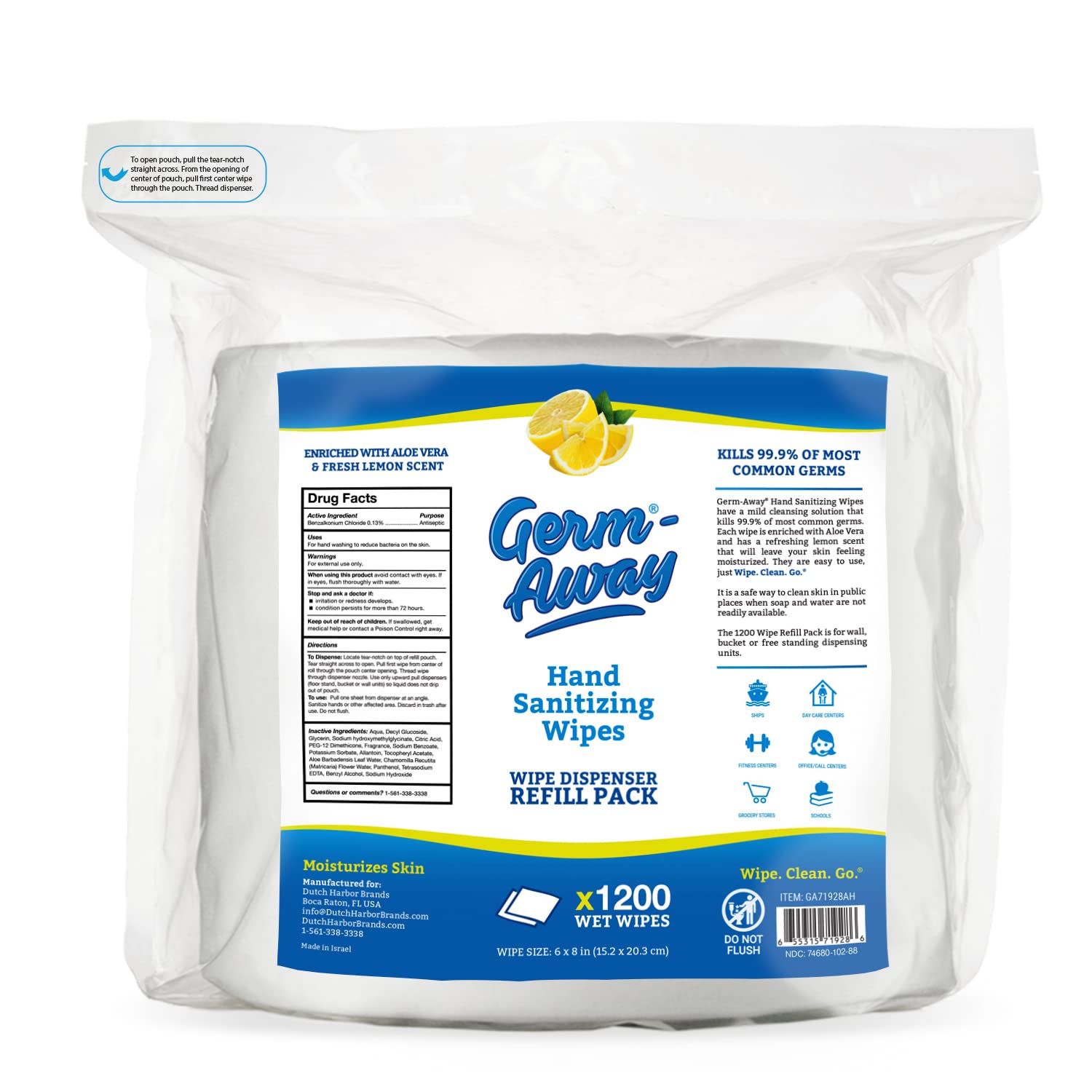 Germ-Away perforated 6x8 inch wipes for easy, one-handed use.