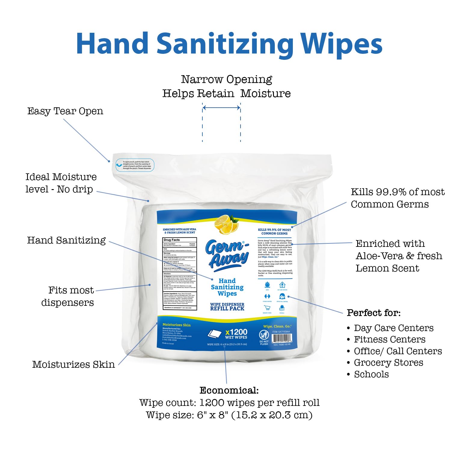 Germ-Away 1200-wipe refill for reliable, continuous dispenser supply.