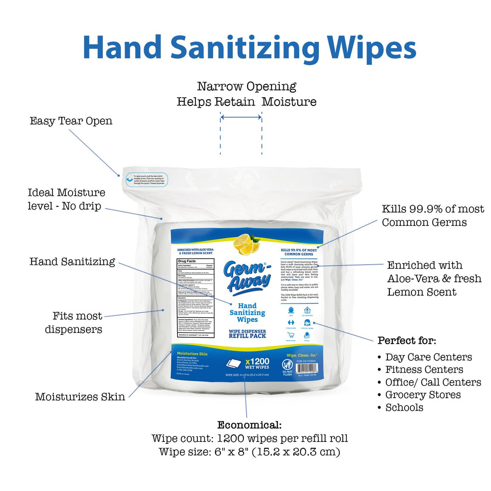 Germ-Away 1200-wipe refill for reliable, continuous dispenser supply.