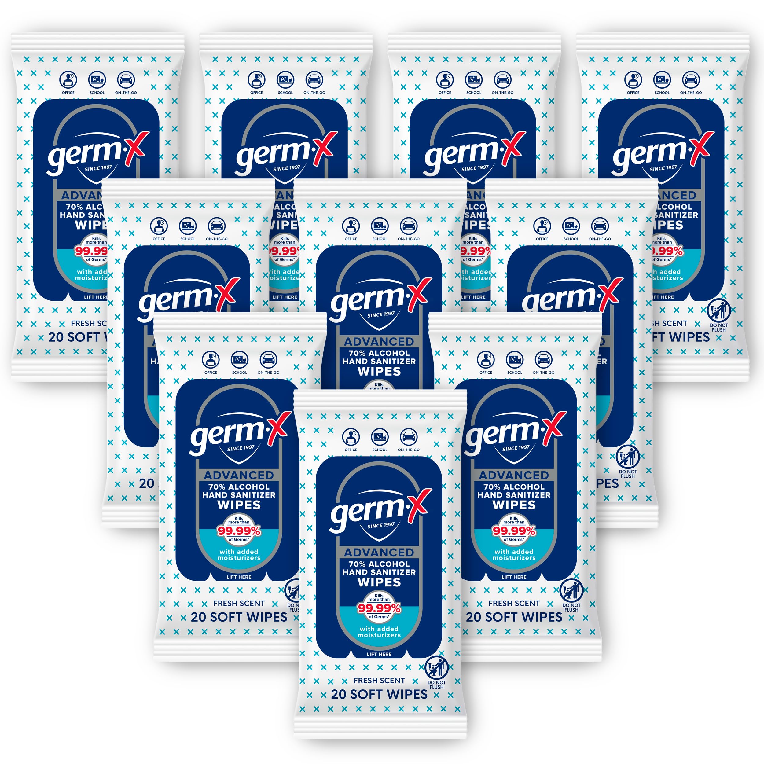 Germ-X Advanced Hand Sanitizer Wipes pack open for on-the-go use.