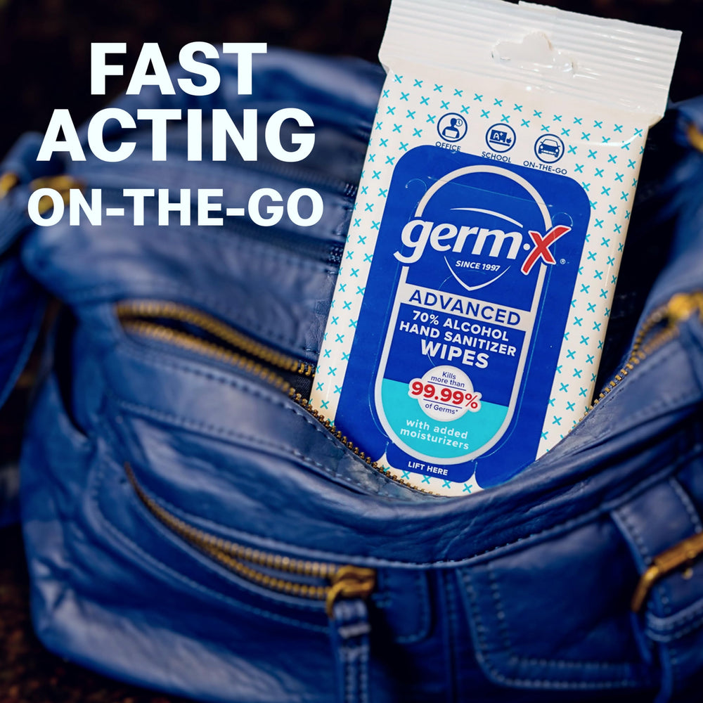 Germ-X Advanced Hand Sanitizer Wipes quick-dry action keeps hands dry.