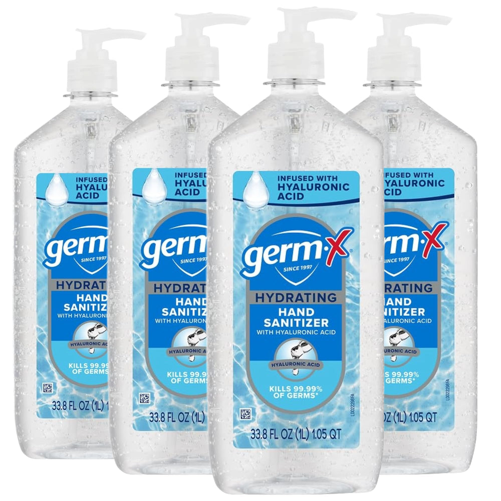 Germ-X Hydrating Hand Sanitizer bottle pump showing quick germ kill action.
