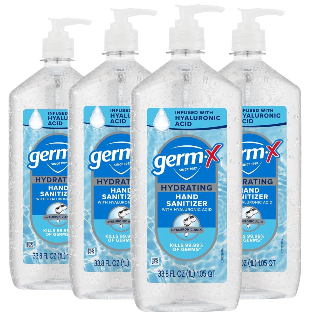 Germ-X Hydrating Hand Sanitizer bottle pump showing quick germ kill action.