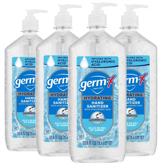 Germ-X Hydrating Hand Sanitizer bottle pump showing quick germ kill action.