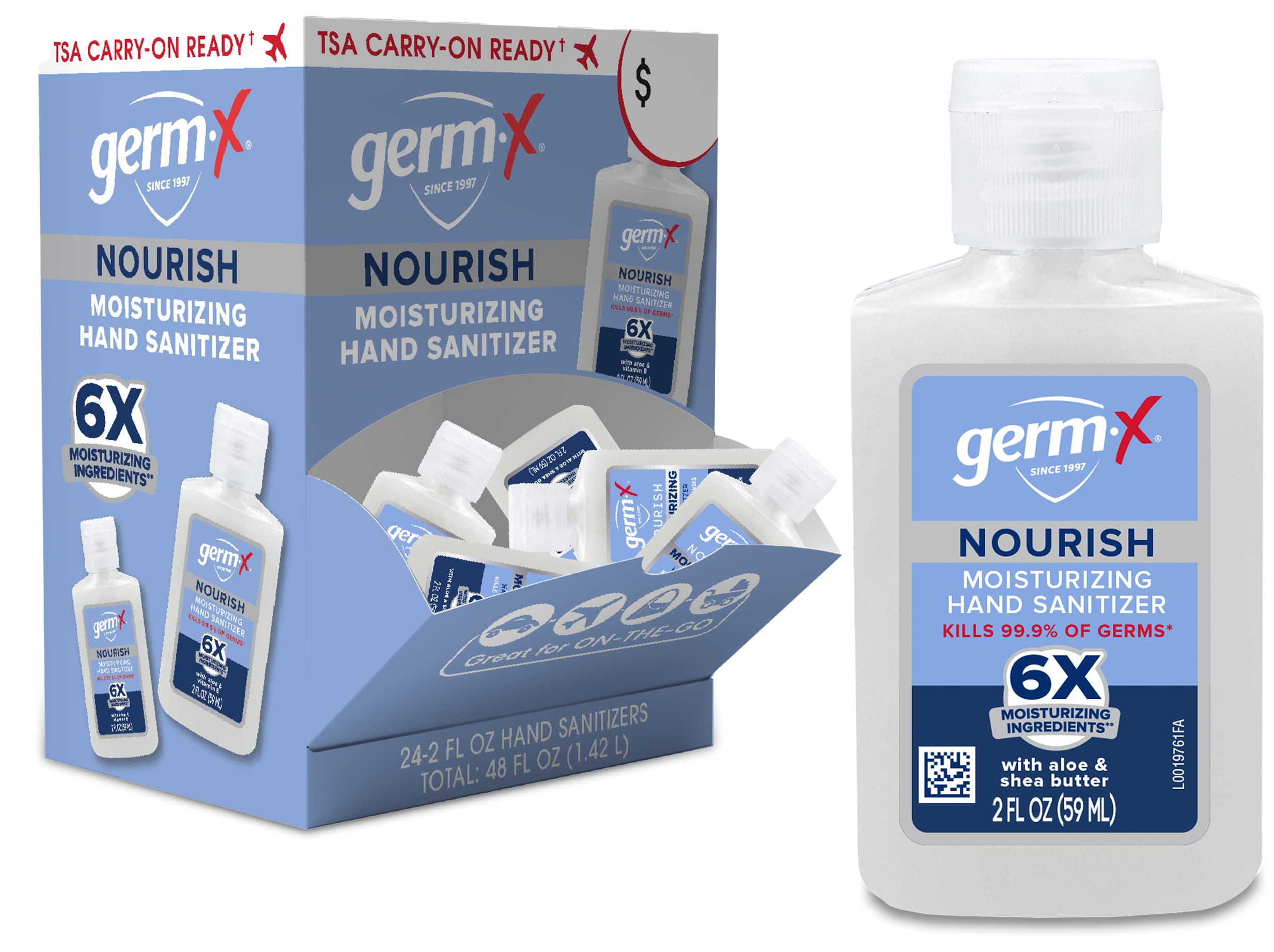 Germ-X Nourish bottle 2oz: quick sanitizing action with skin-softening moisturizers.