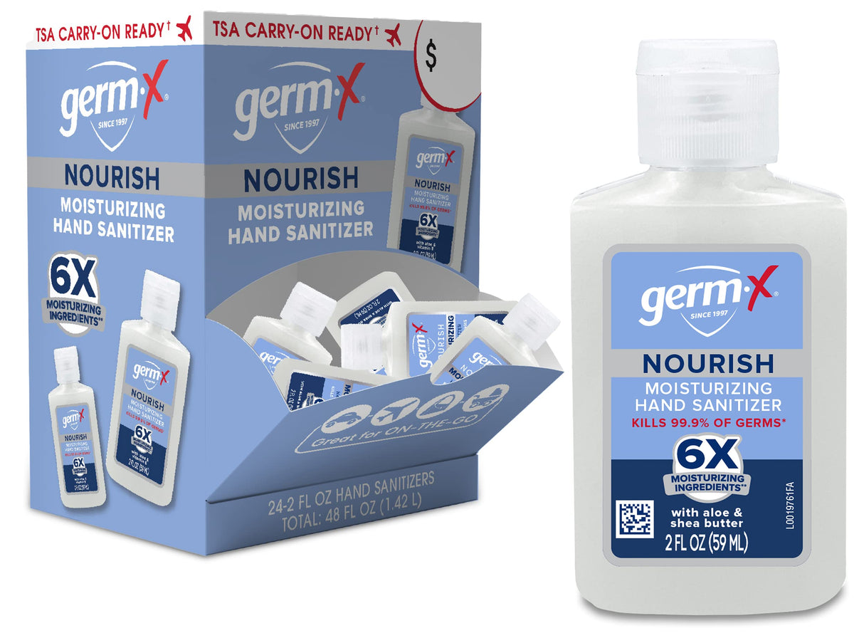 Germ-X Nourish bottle 2oz: quick sanitizing action with skin-softening moisturizers.
