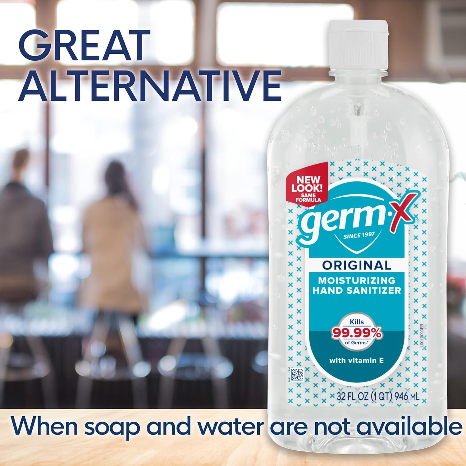 Germ-X Original Vitamin E label closeup, emphasizes skin-friendly moisture