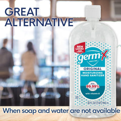 Germ-X Original Vitamin E label closeup, emphasizes skin-friendly moisture