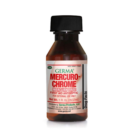 Germa Mercury-Chrome pack of six antiseptic bottles for home first aid.