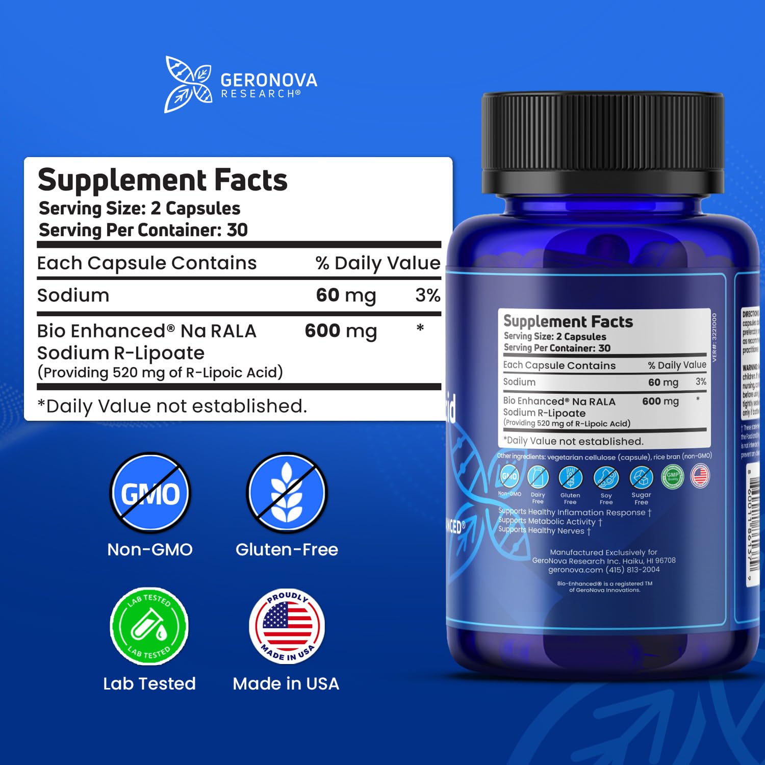 Close-up of Geronova RLA capsules for easy daily intake and well-being support.