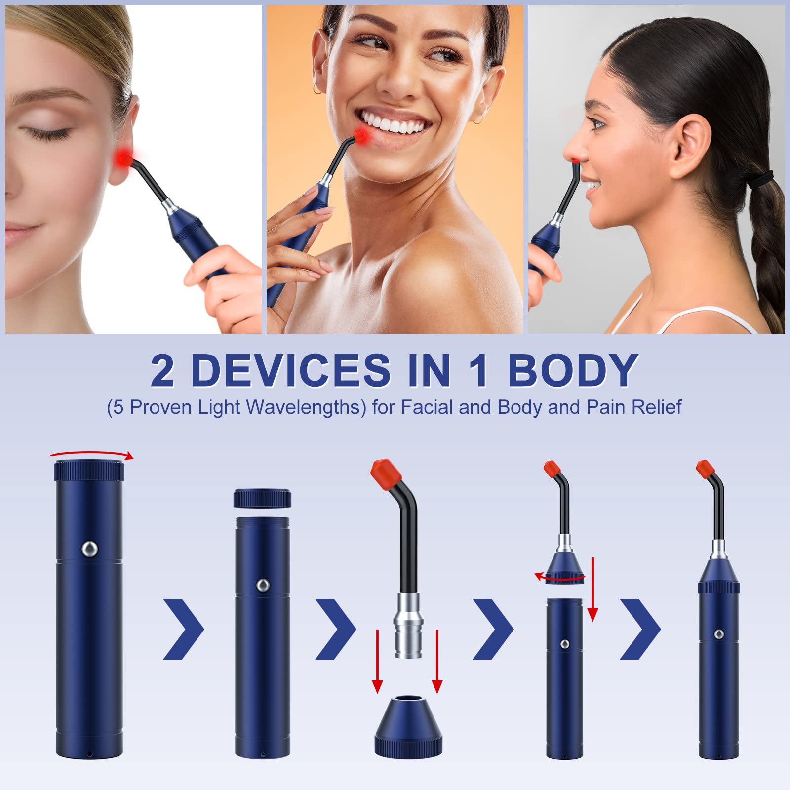 Gerylove device with detachable tip enabling facial therapy and targeted pain relief.