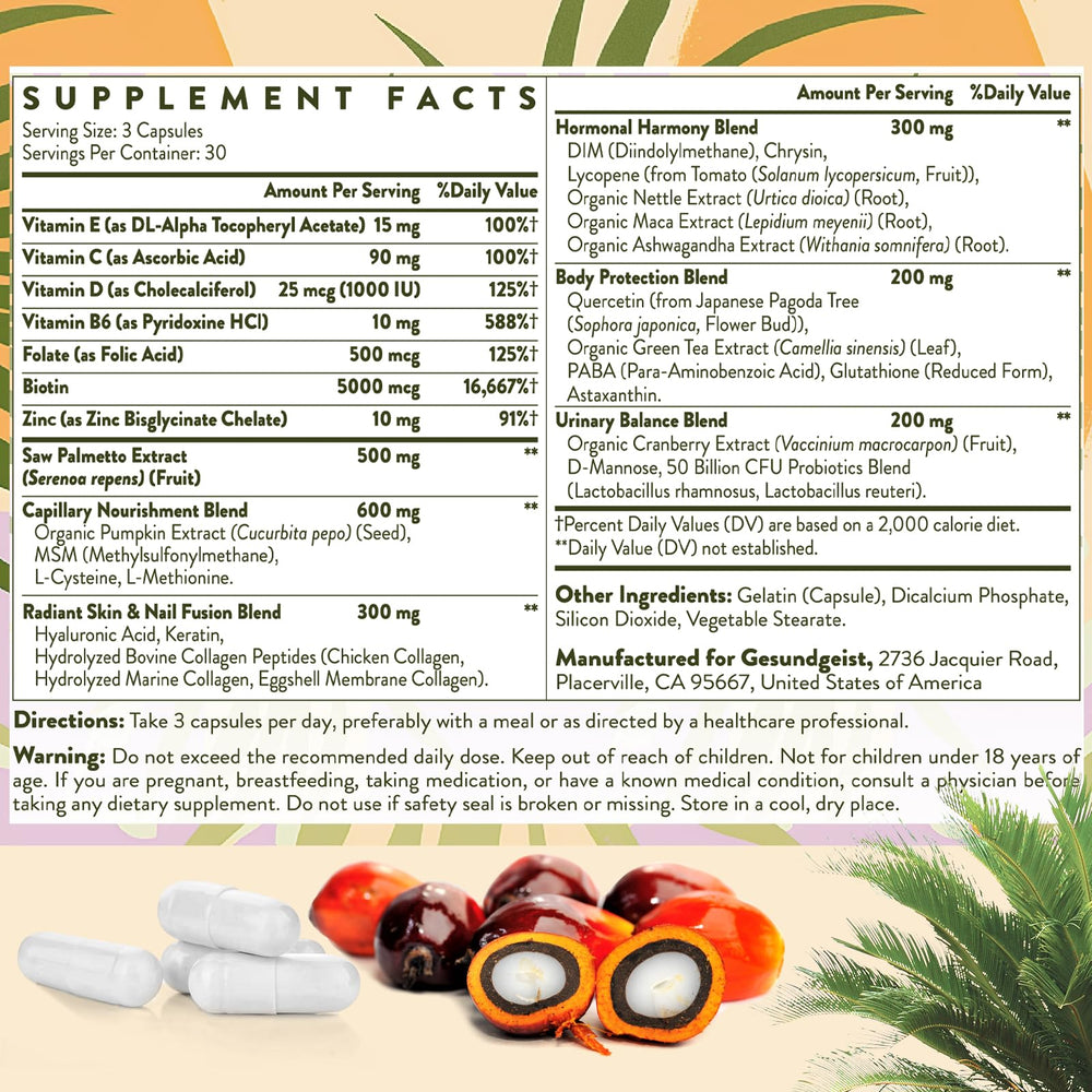 Gesundgeist Saw Palmetto bottle with glass for daily wellness.