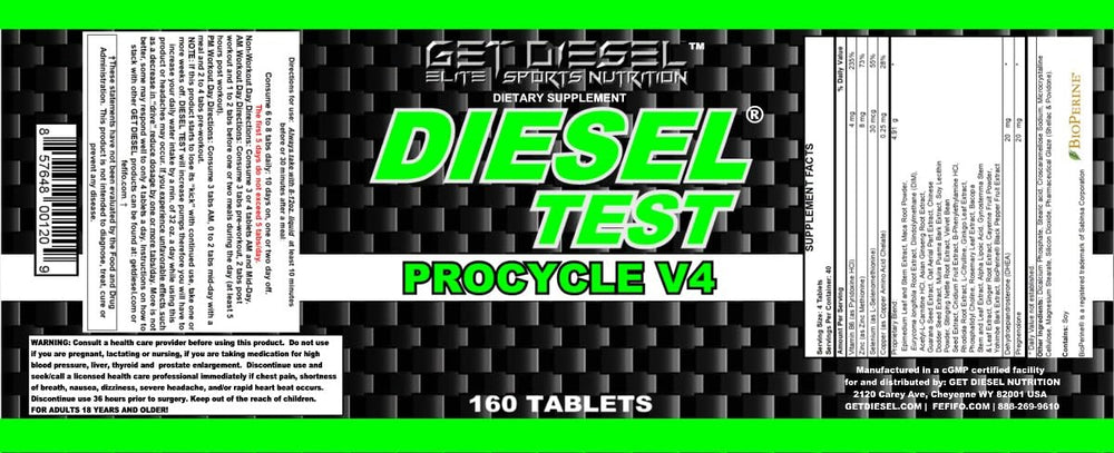 GET DIESEL NUTRITION Diesel Test Procycle bottle back label highlights DHEA and pregnenolone