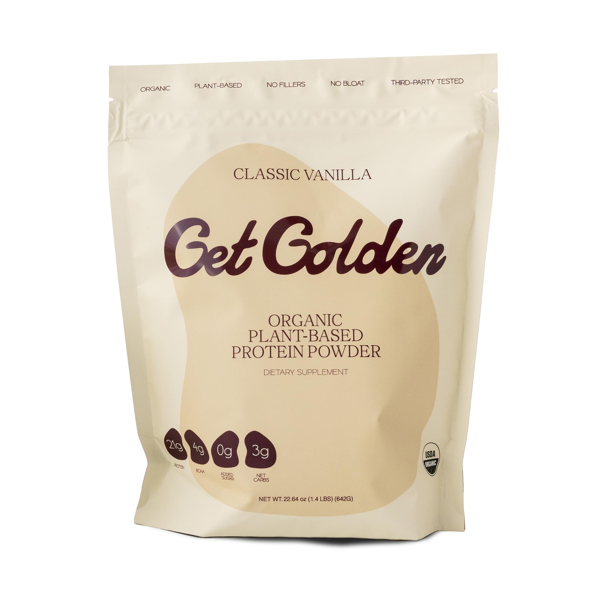 Get Golden Organic Vanilla Protein Powder canister for clean plant-based nutrition.