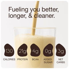 Glass of Get Golden vanilla protein shake with creamy texture and no grit.