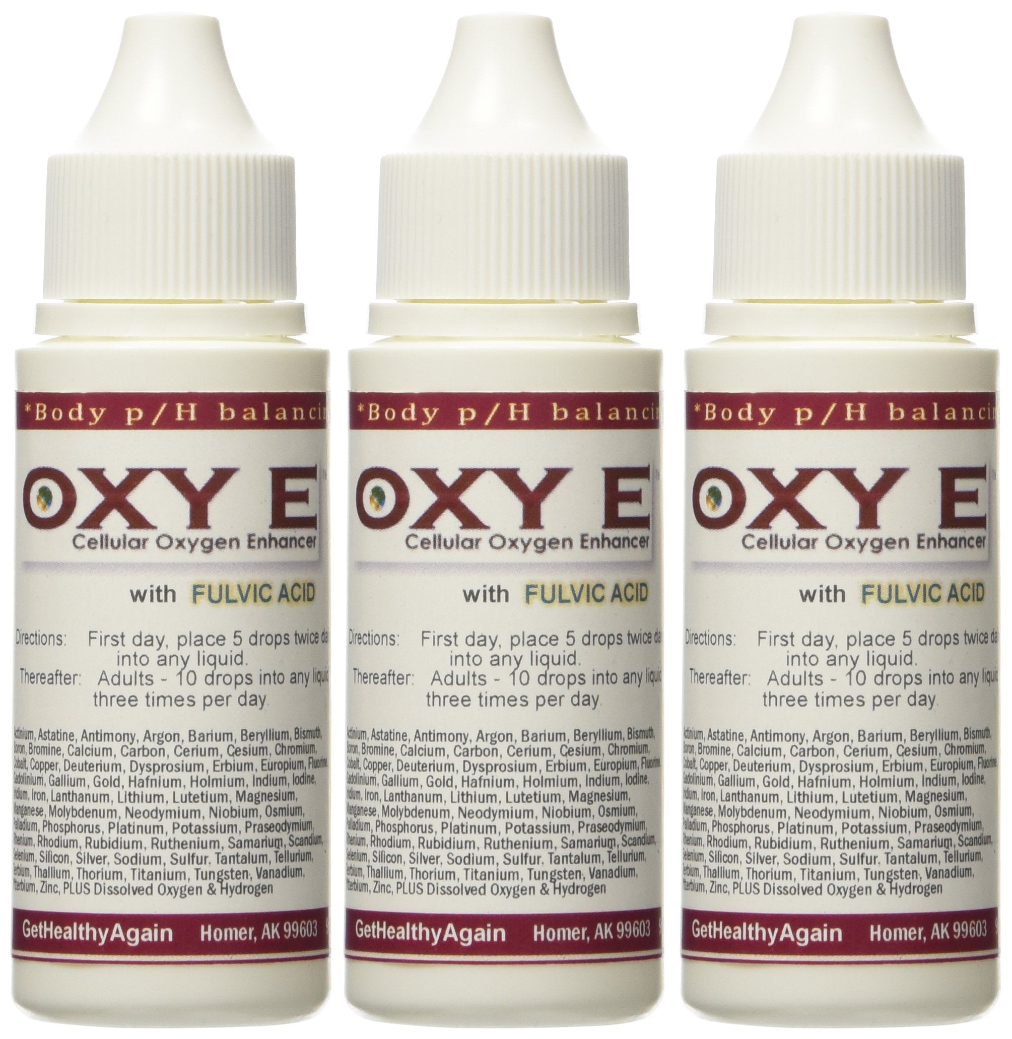 Get Healthy Again Oxy E 3 Pack bottle highlighting mineral blend for cellular oxygen support