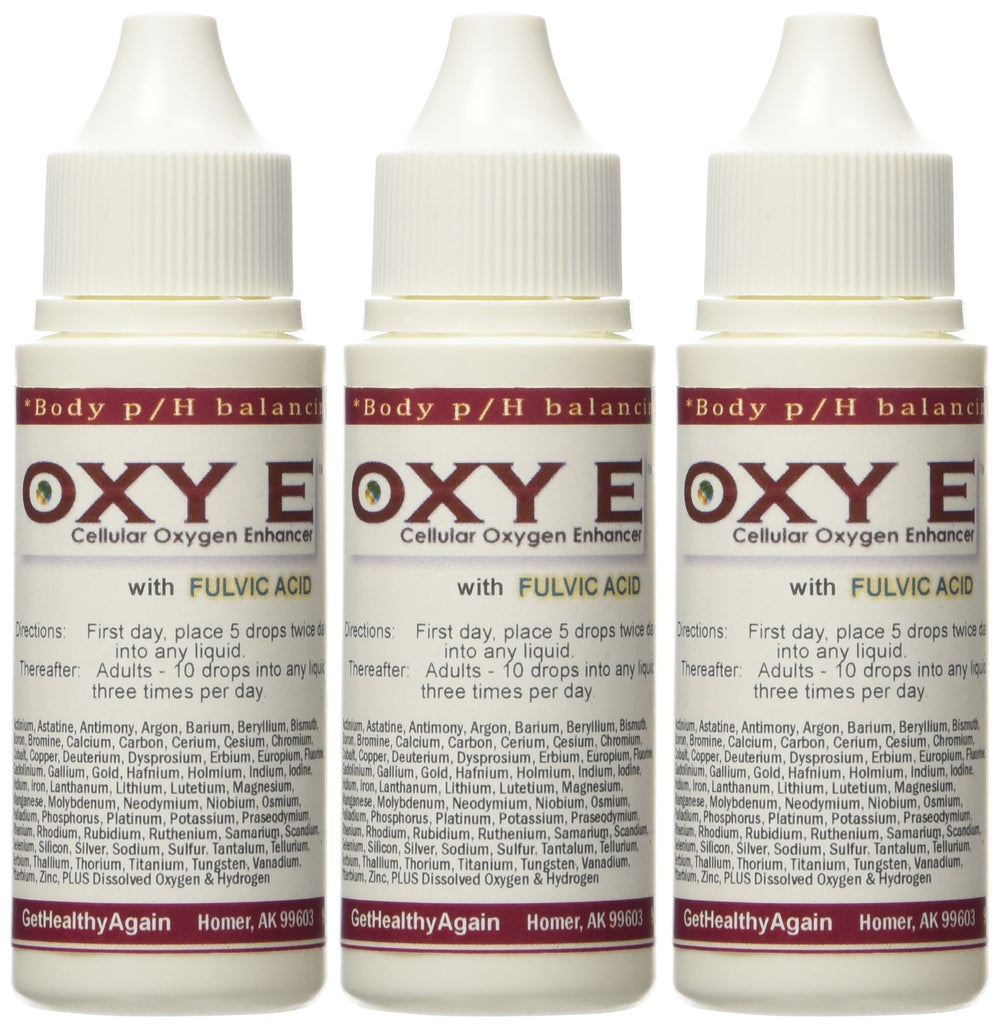 Get Healthy Again Oxy E 3 Pack bottle highlighting mineral blend for cellular oxygen support