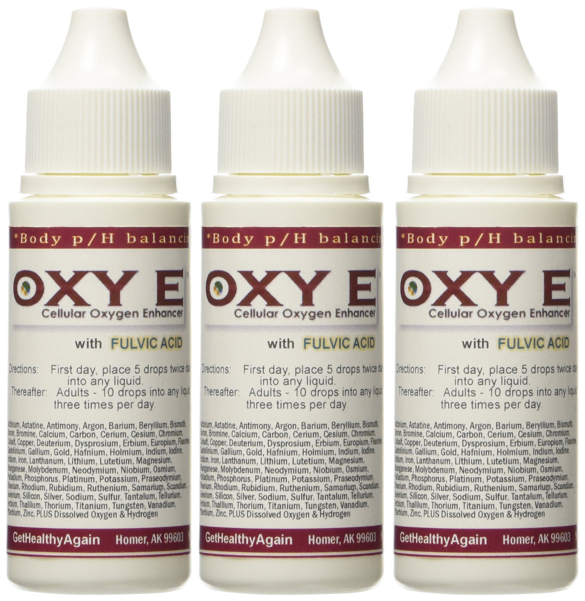 Get Healthy Again Oxy E 3 Pack bottle highlighting mineral blend for cellular oxygen support