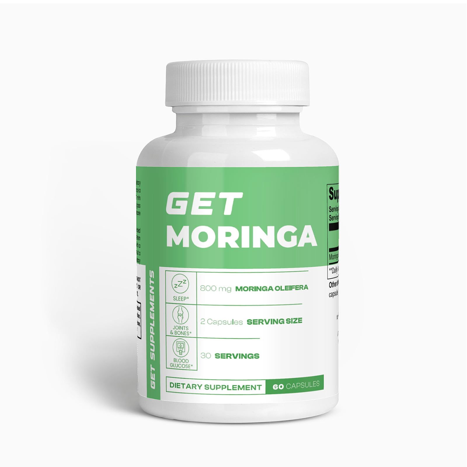GET Supplements Moringa bottle front for daily energy and natural nourishment.