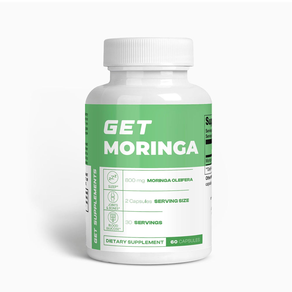 GET Supplements Moringa bottle front for daily energy and natural nourishment.
