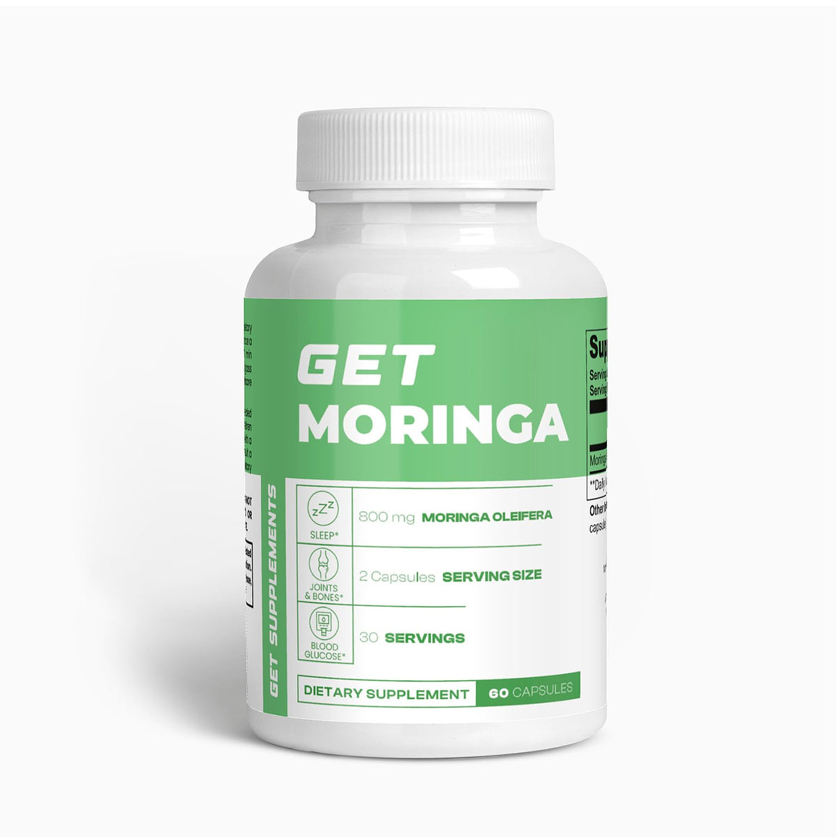 GET Supplements Moringa bottle front for daily energy and natural nourishment.
