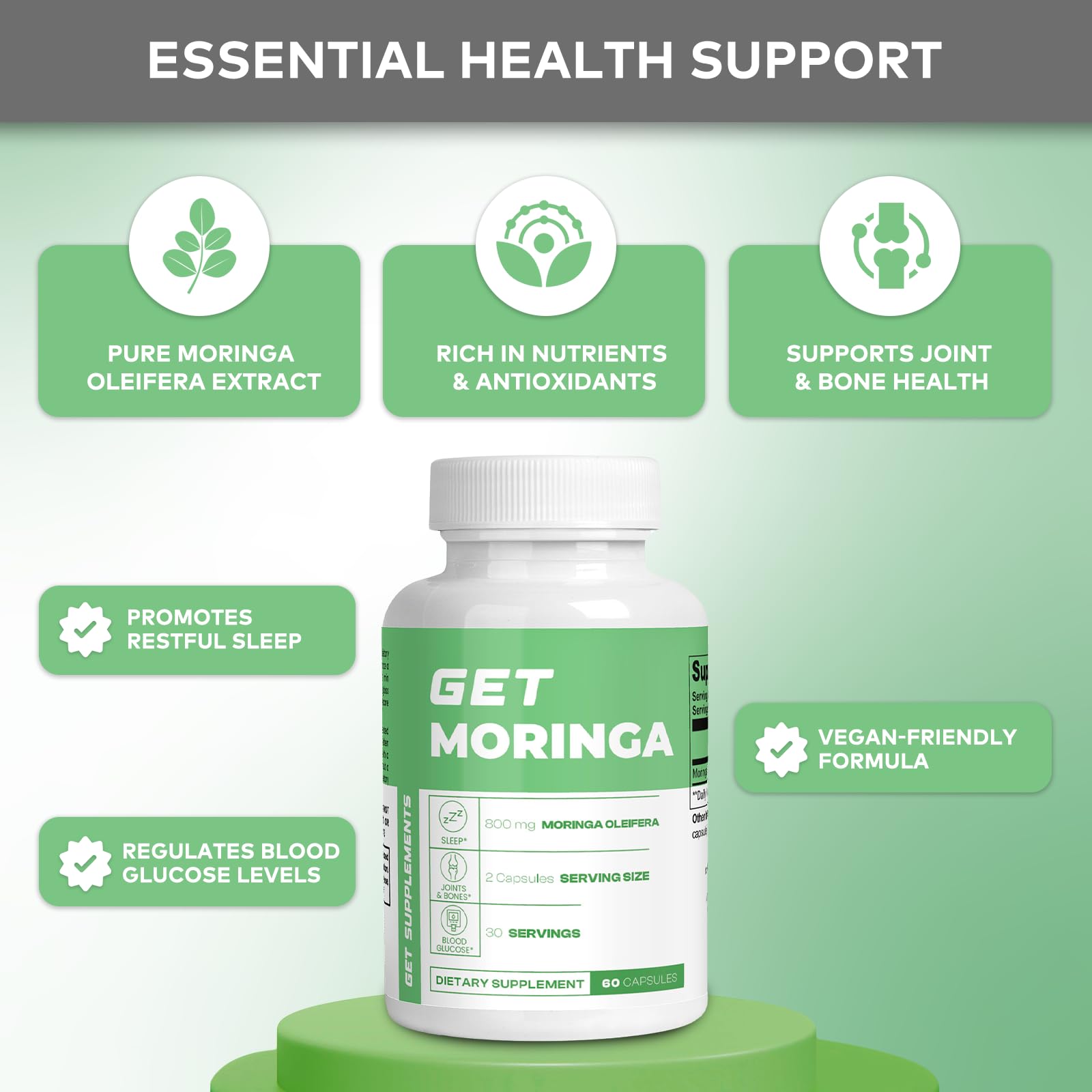 GET Supplements Moringa capsules close-up highlighting clean, vegan-friendly nutrition.