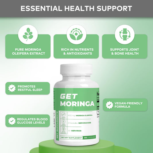 GET Supplements Moringa capsules close-up highlighting clean, vegan-friendly nutrition.