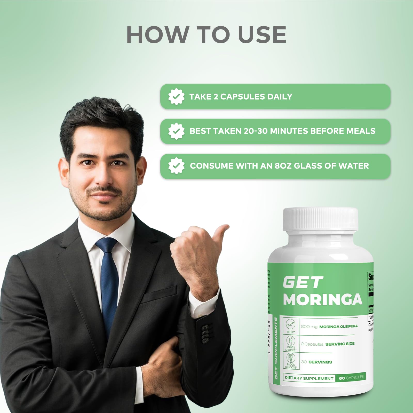 GET Supplements Moringa bottle with label highlights vegan and non-GMO benefits.