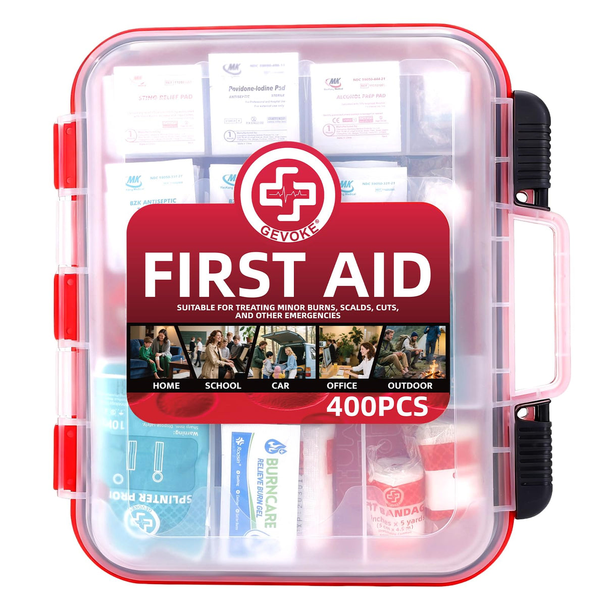 Gevoke 400-piece first aid kit organized in a dual-layer case for quick access