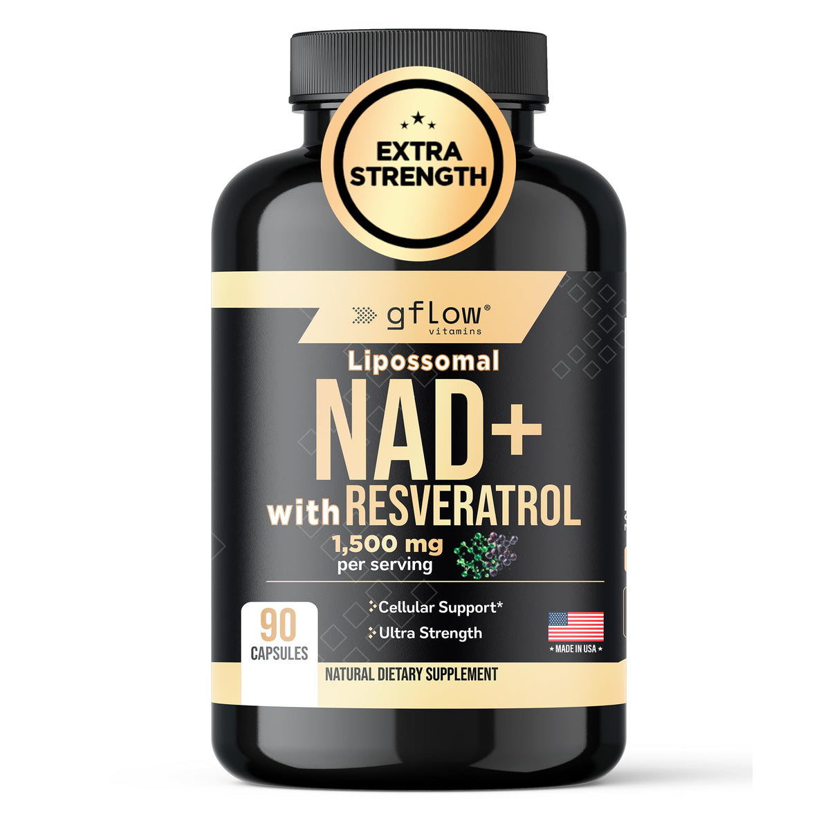 gflow NAD+ bottle front shows liposomal formula for enhanced absorption and daily vitality