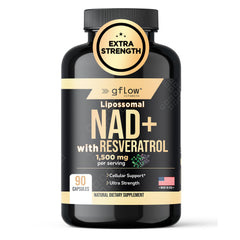 gflow NAD+ bottle front shows liposomal formula for enhanced absorption and daily vitality