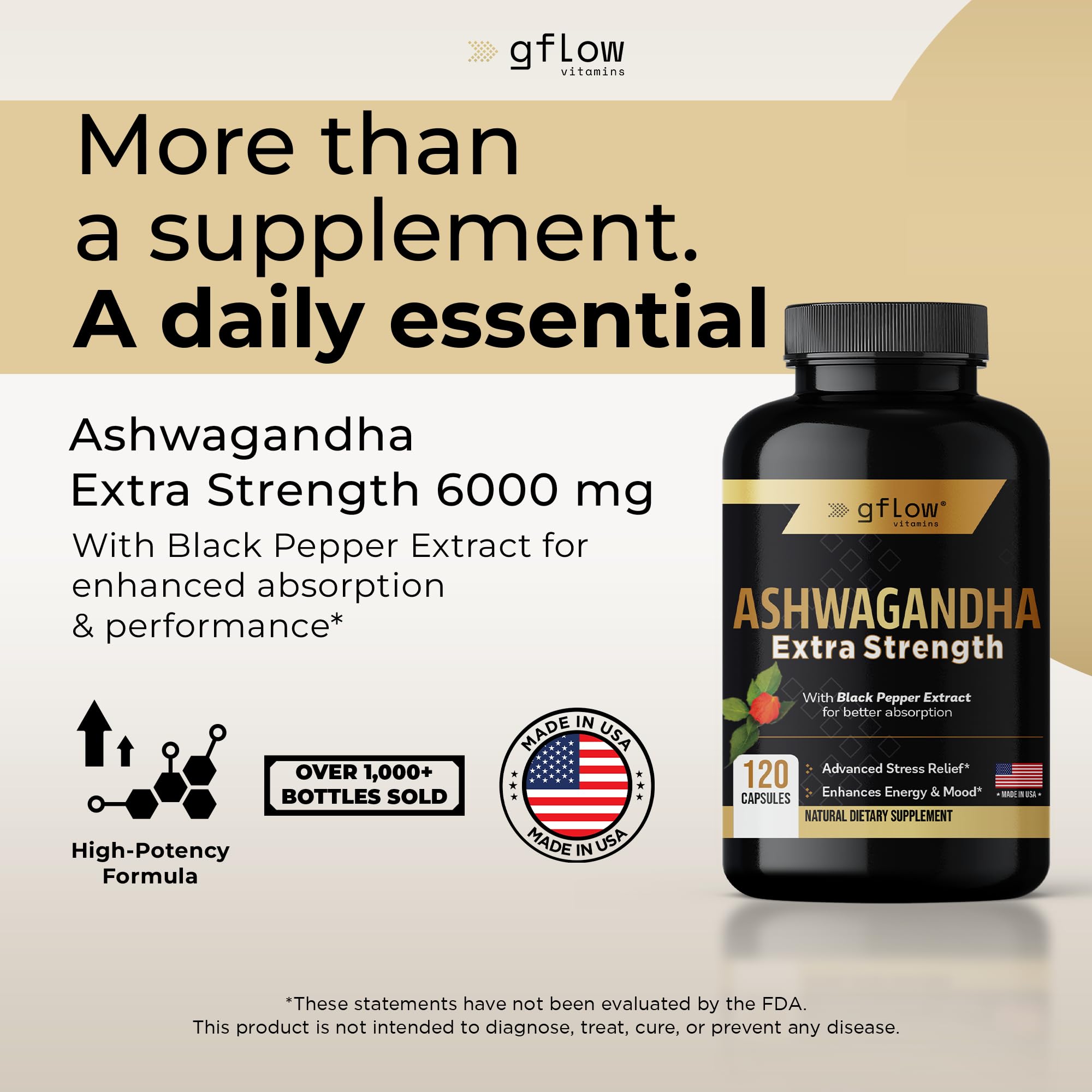 Gflow Ashwagandha capsules close-up with label, highlighting 120-count bottle.