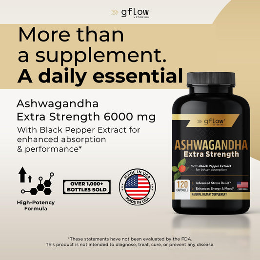Gflow Ashwagandha capsules close-up with label, highlighting 120-count bottle.