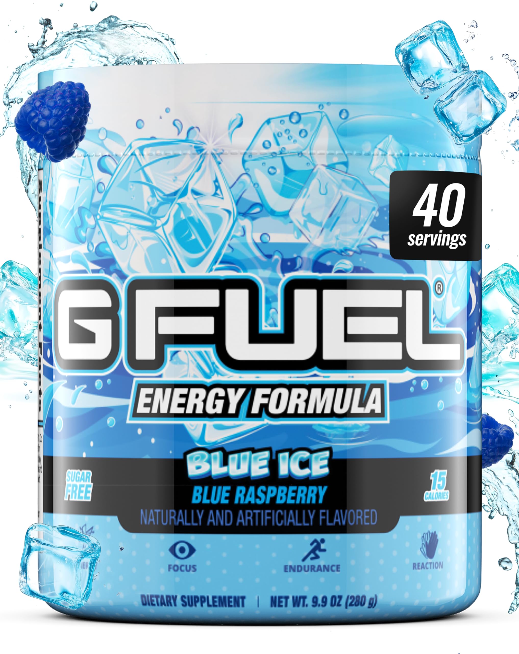 G Fuel Blue Ice tub closeup showcasing sugar-free energy for long gaming sessions.
