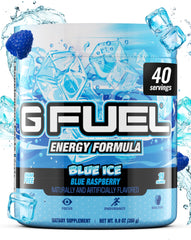 G Fuel Blue Ice tub closeup showcasing sugar-free energy for long gaming sessions.
