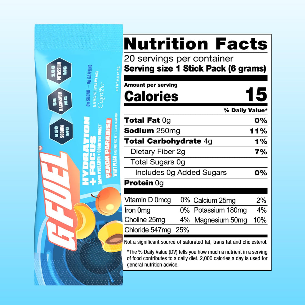 G Fuel bottle beside peach drink supports daily focus.